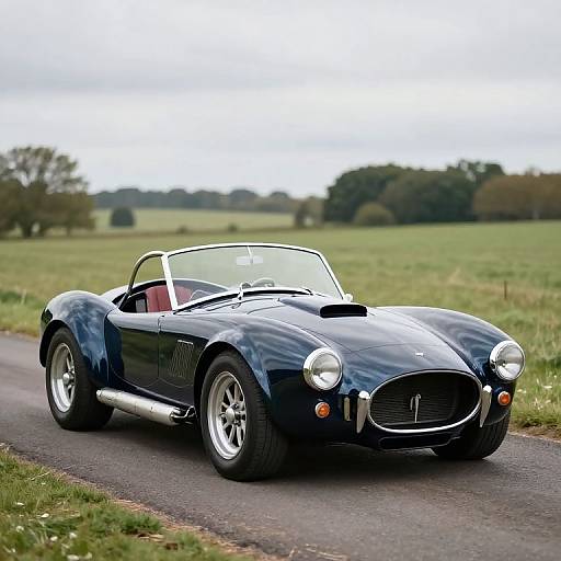 Photograph of a sleek, dark blue vintage convertible sports car with a white top, driving on a rural road with green fields and trees in the background