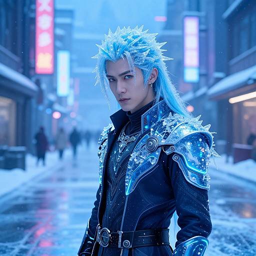 Digital artwork of a blue-haired, ice-encrusted male character in a snowy city street, wearing elaborate black armor with glowing blue accents, under
