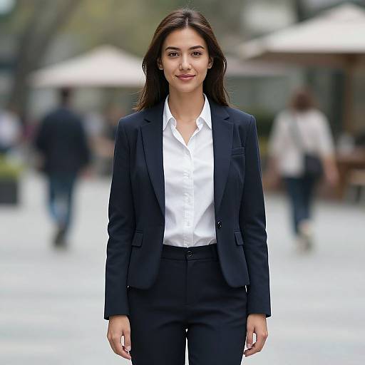 Photograph of a confident woman with long dark hair, wearing a black blazer and white shirt, standing in a blurred outdoor urban setting.