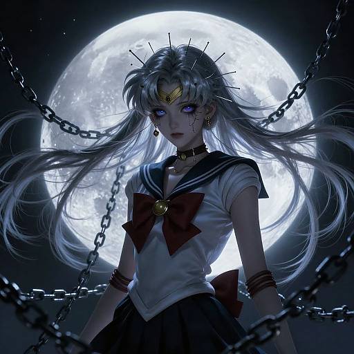 Digital anime artwork: Silver-haired Sailor Moon with spiked crown, blue eyes, chains, and school uniform, standing against a full moon. Dark, mo