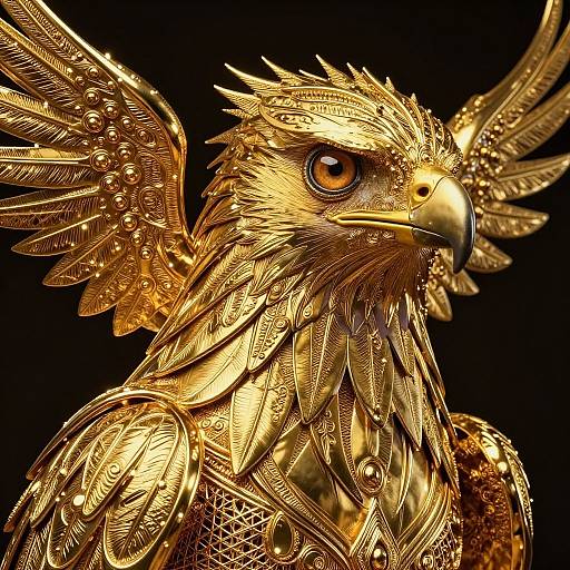 Photorealistic digital artwork of a golden, intricately detailed, mythical eagle with open wings, featuring elaborate feather patterns and metallic textures against a black background