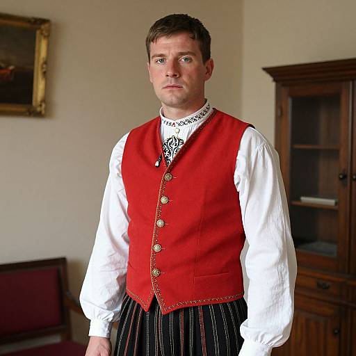 Photograph of a fair-skinned, brown-haired man in period attire: white shirt, red vest, black striped pants, standing in a vintage room
