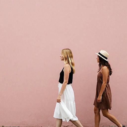 Casual Stroll by a Weathered Pink Wall