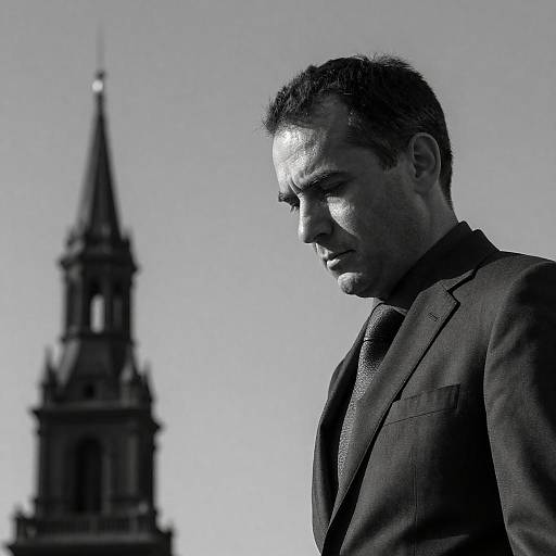 Serious Man in Suit with Church Spire