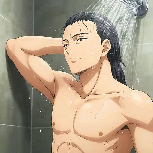 Anime-style digital drawing of a muscular, fair-skinned, black-haired man showering, water streaming over his chest, arm raised, serious expression.