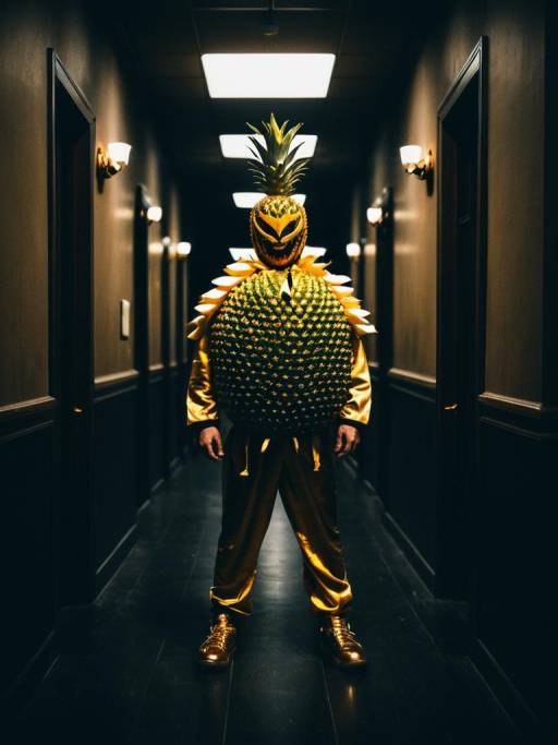 Man in Pineapple Costume Standing in Hallway
