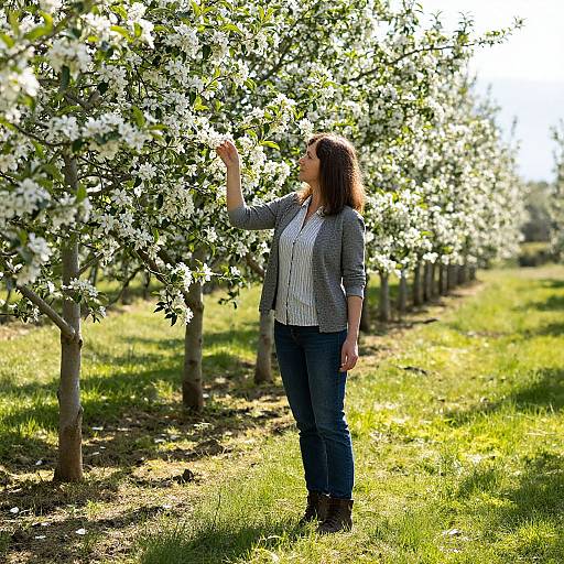 Photograph of a woman with shoulder-length brown hair, wearing a gray cardigan, white shirt, and blue jeans, touching white blossoms in a