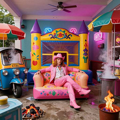 Photograph of a woman in pink cowboy outfit and hat, sitting on colorful inflatable couch in vibrant outdoor play area.