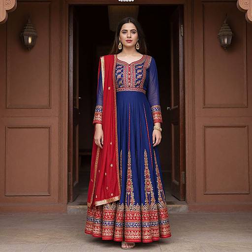Photograph of a woman in traditional Indian attire, wearing a navy blue and red embroidered lehenga with a matching dupatta, standing in front of a
