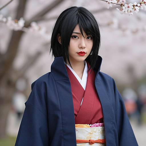 Photograph of an Asian woman with black hair in a red and white kimono, wearing a navy blue haori, standing amidst blooming cherry bloss