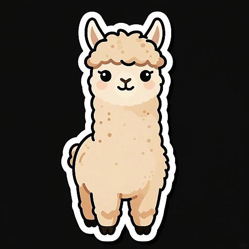 Cute digital drawing of a beige cartoon llama with fluffy fur, black eyes, and a small smile, outlined in white, against a solid black background