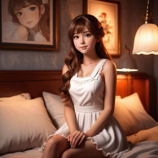 Young Woman in White Dress Sitting on Bed