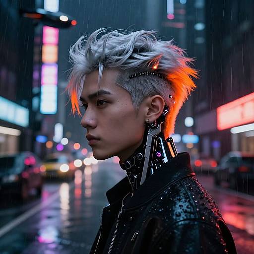 Cyberpunk city street at night: androgynous person with silver mohawk, orange streak, black leather, ear piercings, rain