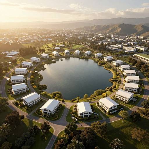 Aerial photograph of a circular lake surrounded by white-roofed buildings, set in a green landscaped area with winding paths, under a golden sunset