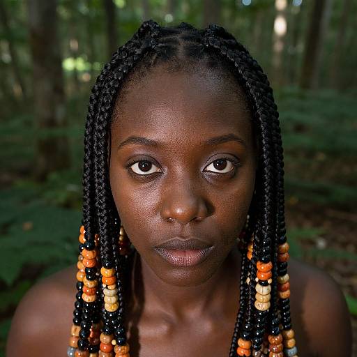 Photograph of a dark-skinned woman with long black braids adorned with orange and black beads, standing in a forest, intense gaze, natural light