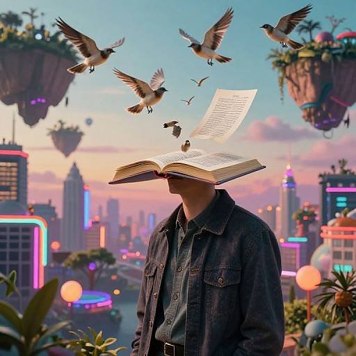 Photograph-style digital artwork of a man in a denim jacket, head replaced by an open book, surrounded by floating islands and neon-lit futuristic city