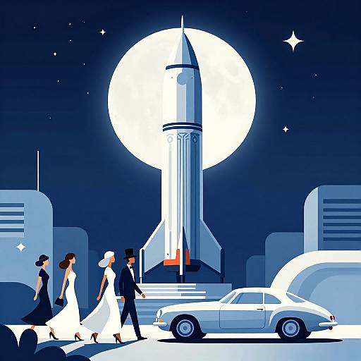 Digital illustration: Night scene with full moon, rocket, and white car. Couples in formal attire walk, one in white dress, one in black suit