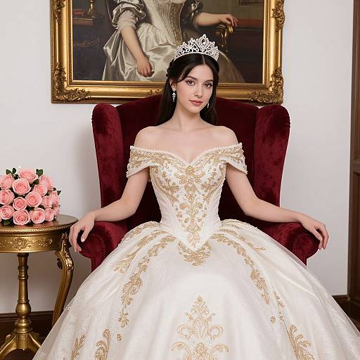 Photograph of a fair-skinned woman with dark hair, wearing a white, off-shoulder, gold-embroidered wedding gown, ti