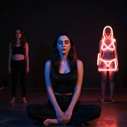 Photograph of a woman meditating in black yoga wear, seated cross-legged, with neon-lit figure in lingerie in background, dark room.