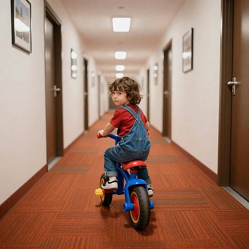 Child Riding Tricycle in Colorful Hallway