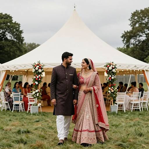 Photograph of a South Asian bride in a pink traditional saree and jewelry, walking hand-in-hand with a bearded groom in a dark brown kur