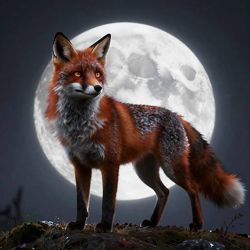 Photograph-style digital art of a striking red fox with glowing orange eyes, standing on a grassy hill, against a bright full moon in a dark