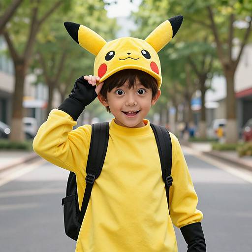 Photograph of a young Asian boy in a Pikachu costume, yellow shirt, black gloves, backpack, and Pikachu hat, smiling on a sunny street lined
