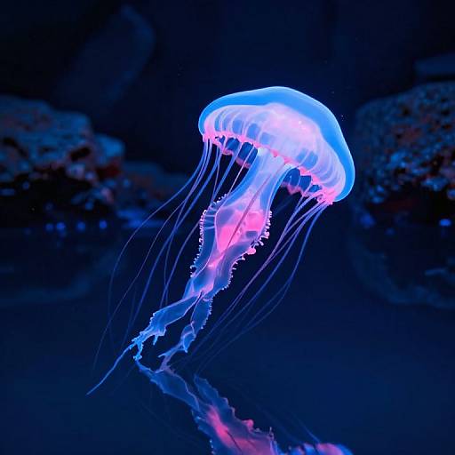 Photograph of a glowing blue and pink jellyfish with translucent tentacles, floating gracefully in a dark, underwater environment.