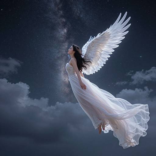 Photograph of a serene, ethereal angelic woman with glowing white wings and flowing white dress, floating against a starry night sky with cloudy background