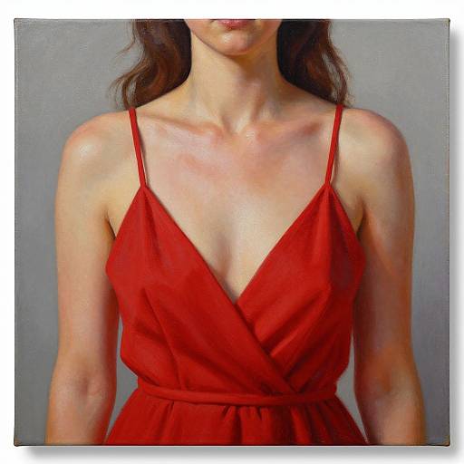 Photograph of a light-skinned woman with wavy brown hair, wearing a deep red, V-neck, sleeveless dress with thin straps, against