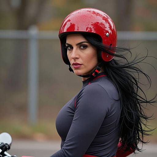 Photograph of a confident woman with long black hair, wearing a shiny red helmet and black long-sleeve top, looking over her shoulder outdoors.