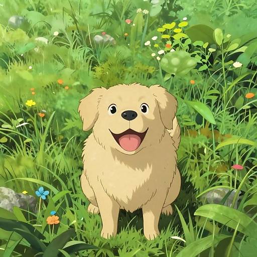 Digital illustration of a happy, fluffy, light yellow Golden Retriever standing in a vibrant, sunlit meadow filled with colorful flowers and green grass