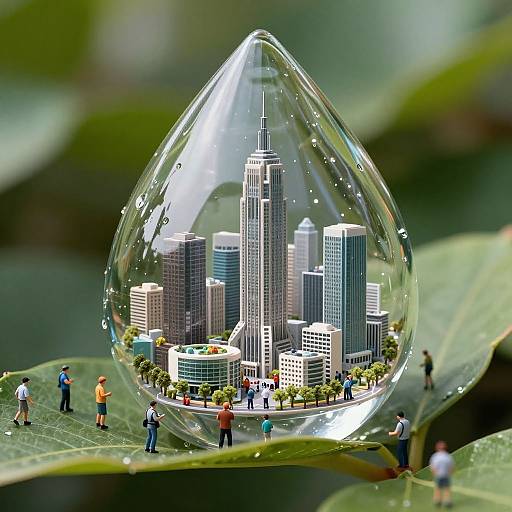 Photograph: Miniature cityscape inside a teardrop-shaped glass, surrounded by tiny people, on a large green leaf, with blurred green background