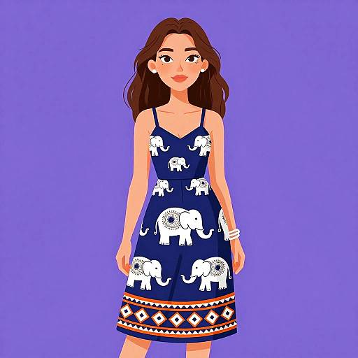 Digital illustration of a young woman with long brown hair, wearing a blue dress with white elephant patterns and colorful geometric trim, against a solid purple background.