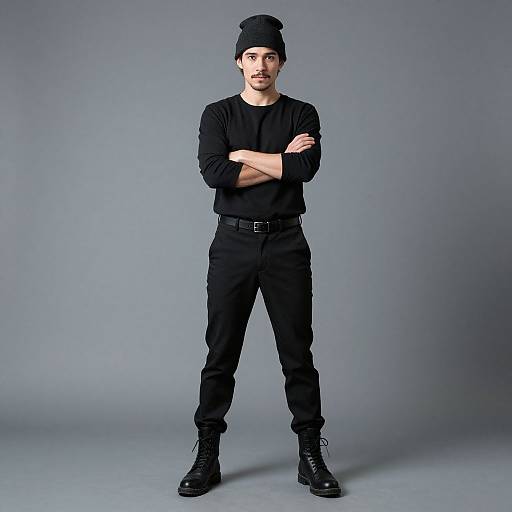 Photograph of a young man with light skin, brown hair, and beard, wearing a black beanie, long-sleeve shirt, black pants