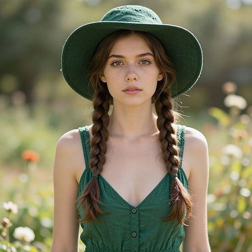 Photograph of a young woman with fair skin and brown braided hair, wearing a green sunhat and sleeveless green dress, standing in a sun
