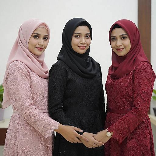 Three Women in Colorful Hijabs and Lace