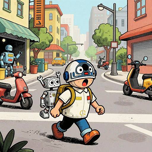 Child Droid Mechanic in Cityscape