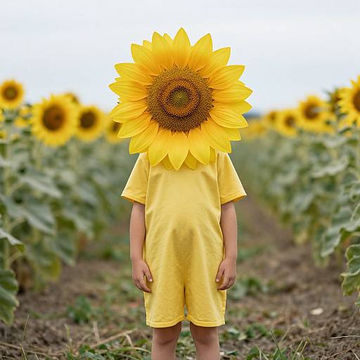 Photograph of a child in a yellow shirt and shorts, with a large sunflower head covering their face, standing in a sunflower field.