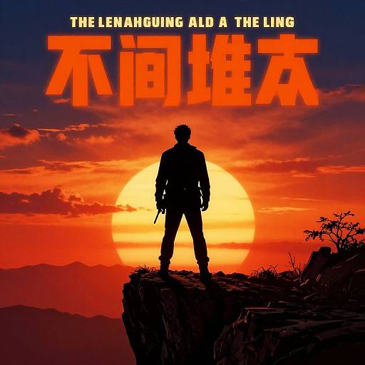 Silhouetted figure stands on cliff against vibrant orange sunset, holding gun. Bold red 