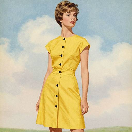 Photograph of a short-haired woman in a bright yellow dress with black buttons, standing against a blue sky with white clouds.
