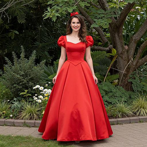 Photograph of a smiling woman in a vibrant red, puffy-sleeved ball gown with a full skirt, standing in a lush garden. She