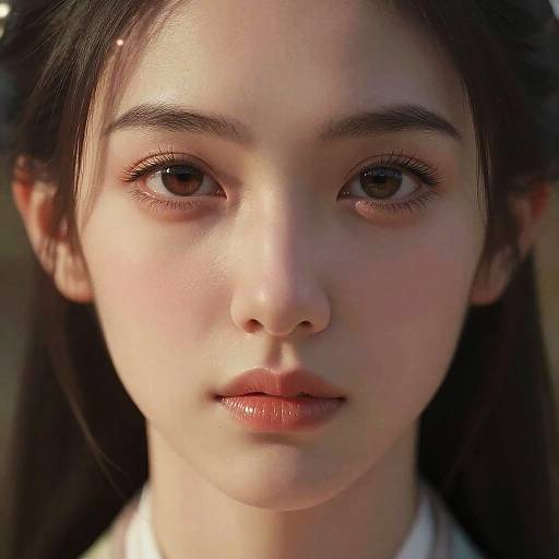 Close-up photograph of a young Asian woman with fair skin, dark brown eyes, and straight black hair, wearing subtle makeup and a white shirt, illuminated