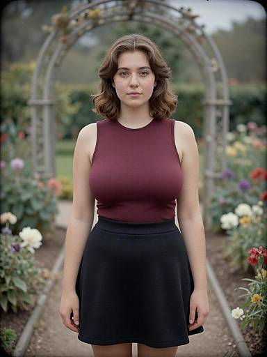 Photograph of a fair-skinned woman with wavy brown hair, wearing a maroon sleeveless top and black skirt, standing in a colorful,