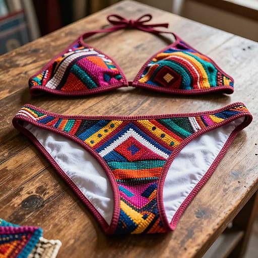 Vibrant, hand-embroidered bikini with colorful geometric patterns, featuring red, orange, green, and blue hues, resting on a rustic