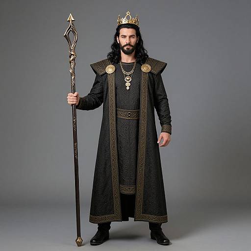 Photograph of a bearded man with long black hair, wearing a gold crown, black ornate robe, and holding an intricately designed staff.