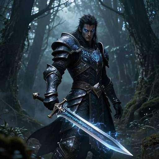 Digital fantasy artwork of a fierce warrior with blue glowing eyes, wearing dark, ornate armor, holding a glowing blue sword, standing in a misty