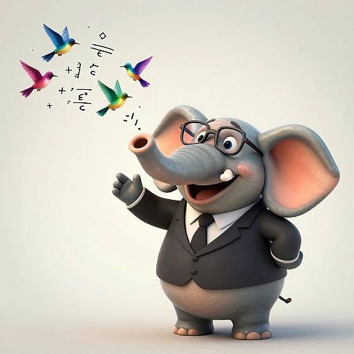 CGI cartoon of a chubby, grey elephant in a black suit and glasses, smiling and pointing at colorful, math-symbols floating above.