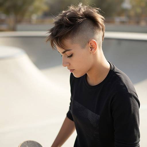 Photograph of a young woman with short, spiked brown hair, undercut, and black t-shirt, looking down, wearing a gold earring, in