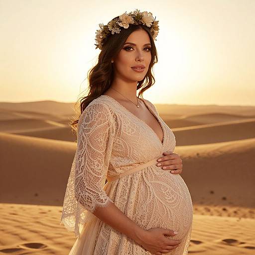Pregnant woman with wavy dark hair, wearing a lace white dress and flower crown, stands in a sunlit desert, hand on belly.
